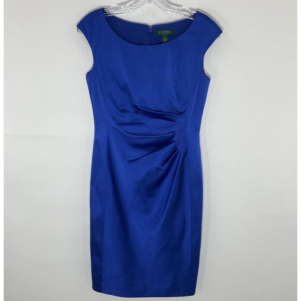 Lauren Ralph Lauren Dress‎ Women 2 Royal Blue Satin Sheath Cap Sleeve Ruching
